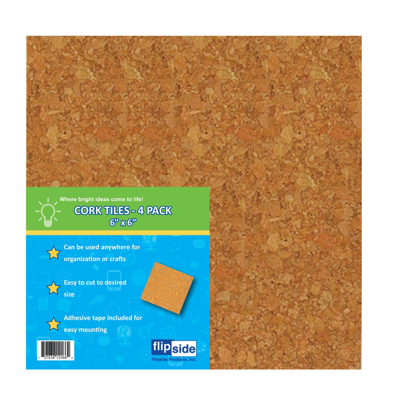 Flipside Products Cork Tiles, 6&#x22; x 6&#x22; 1/8&#x22; Thick, 4/Pkg.